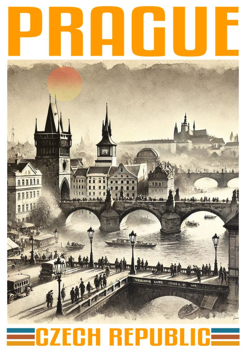 panorama de la ville de prague 70's classic retro poster de theganduls