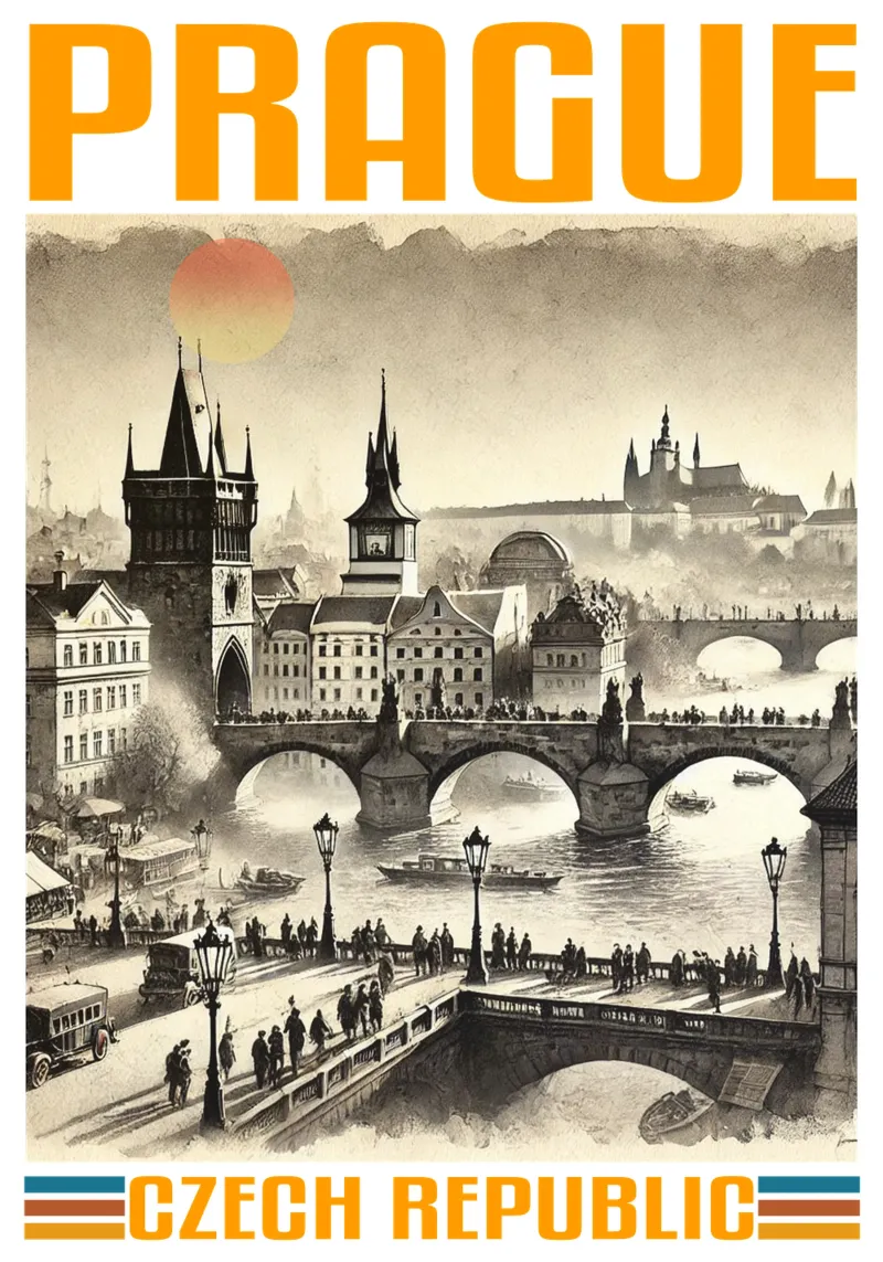 panorama della città di praga anni '70 classico retrò alluminio dibond da theganduls