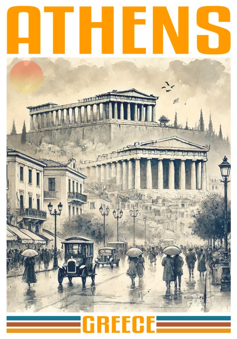 Athen Stadtpanorama 70er Jahre klassisch retro Poster von theganduls