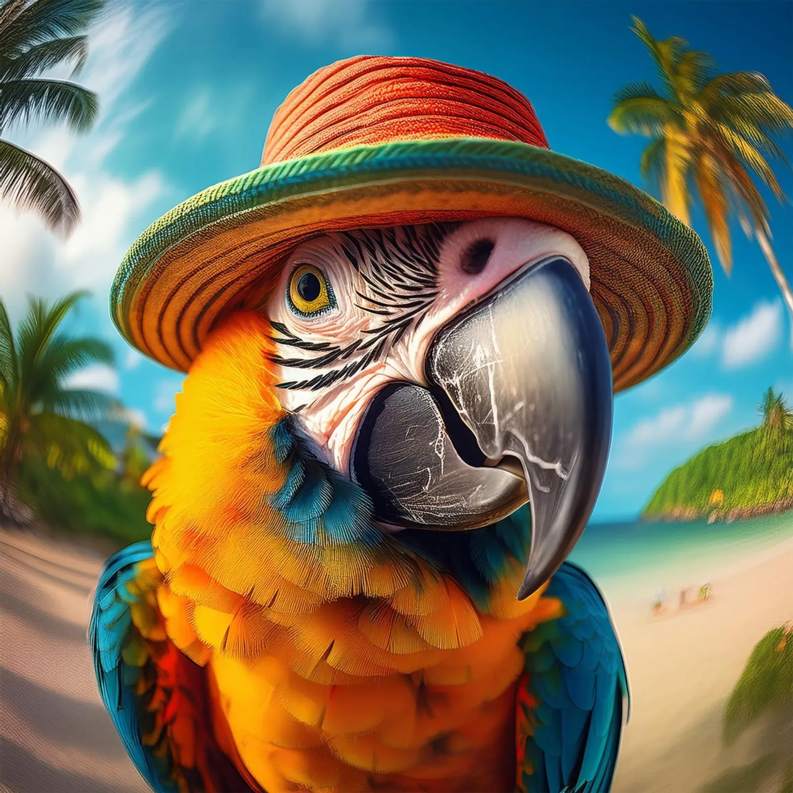 Pappagallo tropicale con cappello di paglia - Arte murale vivace a tema spiaggia poster con telaio in alluminio da FlexiDesignsByK