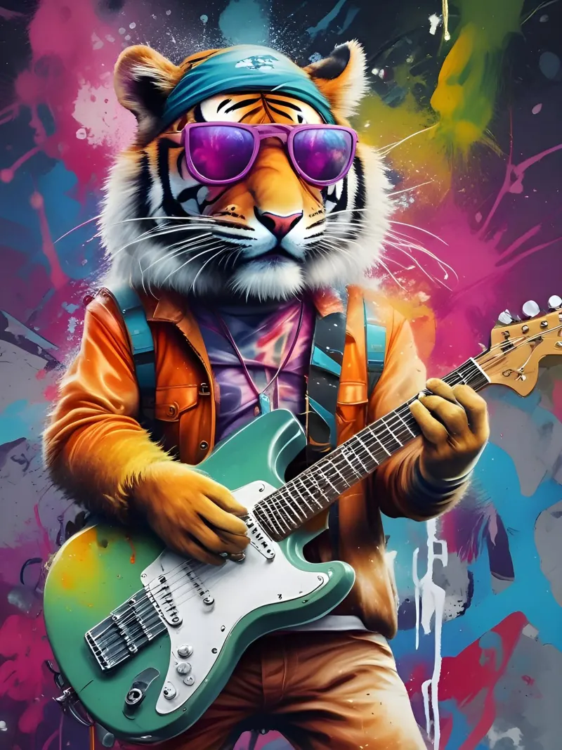 tigre suona la chitarra poster con telaio in legno da MakArena