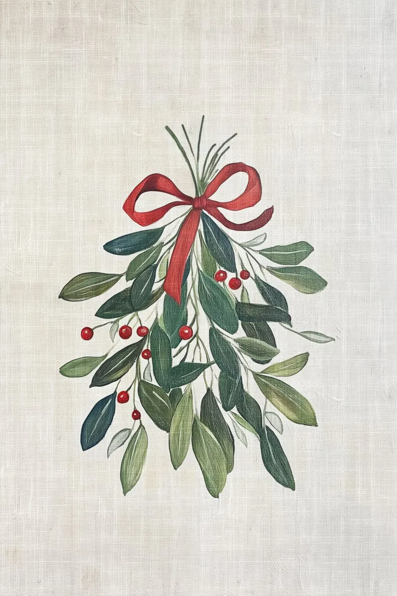 Festive Mistletoe with Red Bow and Berries canvas with Floater frame by Melloi Art Print