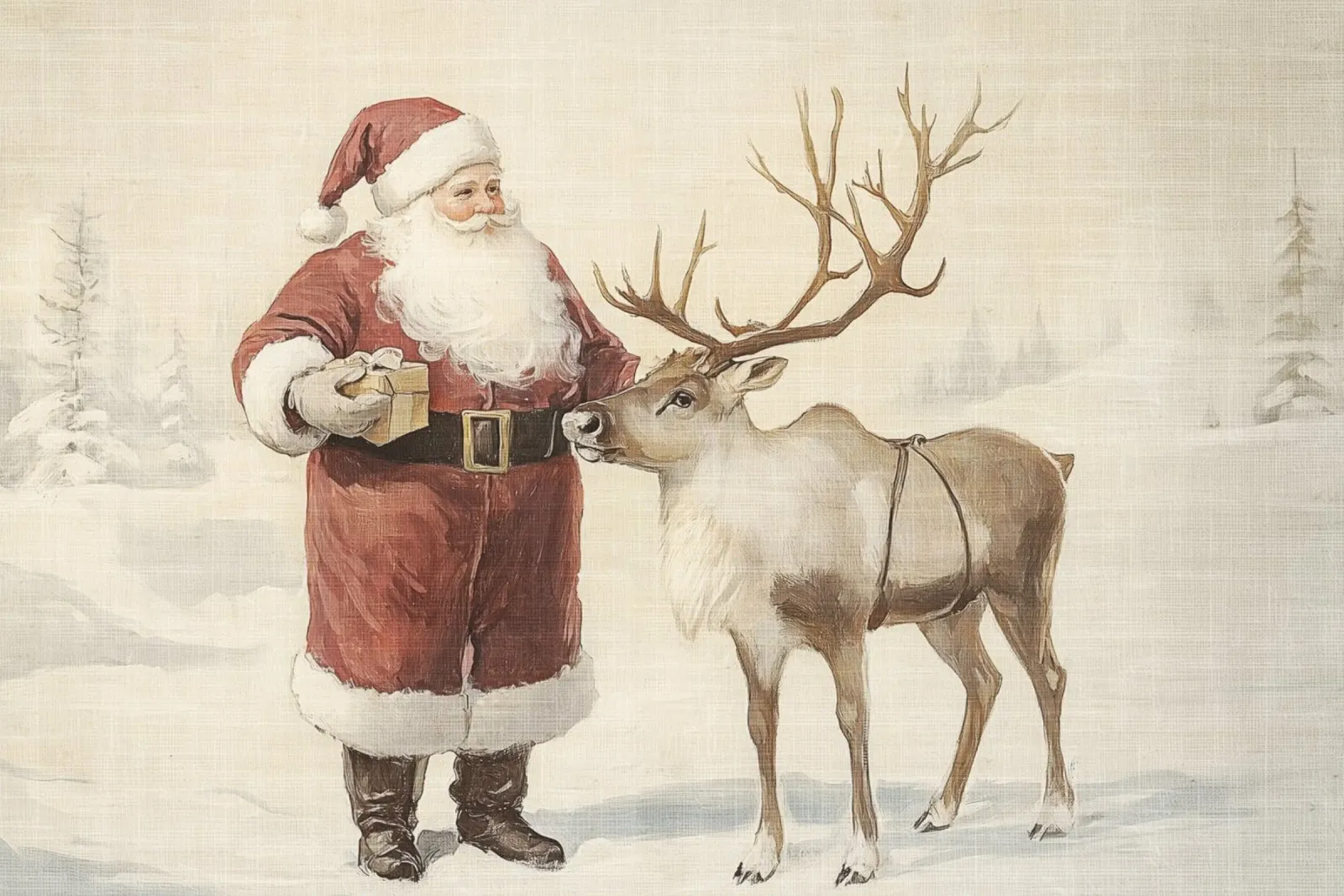 Santa and Reindeer canvas met Baklijst van Melloi Art Print