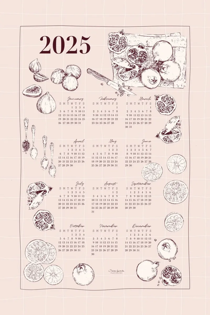 2025 calendar with culinary motifs in pink tones. canvas with Floater frame by Art by Susana Miranda ilustración