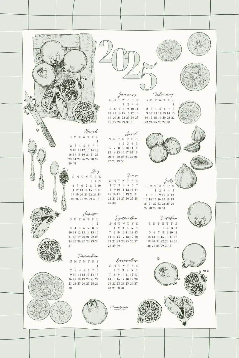 2025 calendar with culinary motifs in pale green tones canvas by Art by Susana Miranda ilustración