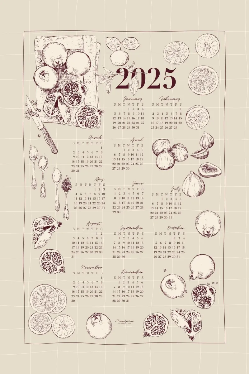 2025 calendar with culinary motifs in beige and garnet tones canvas by Art by Susana Miranda ilustración