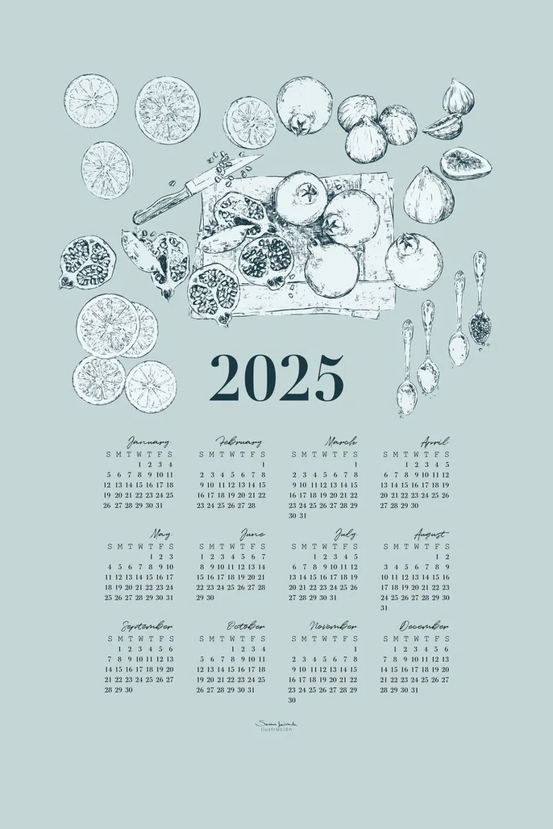 2025 calendar with culinary motifs in pale blue tones. canvas by Art by Susana Miranda ilustración