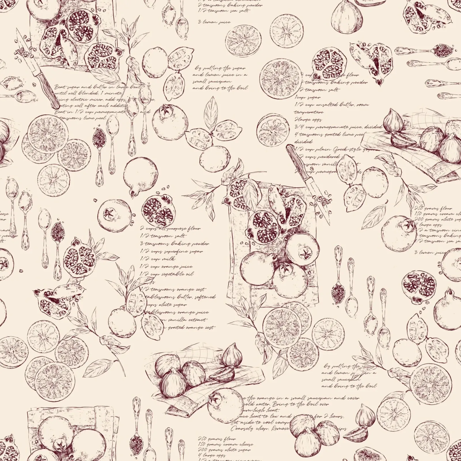 Toile de jouy con frutta e ricette in granata e beige. pellicola backlit da Art by Susana Miranda ilustración