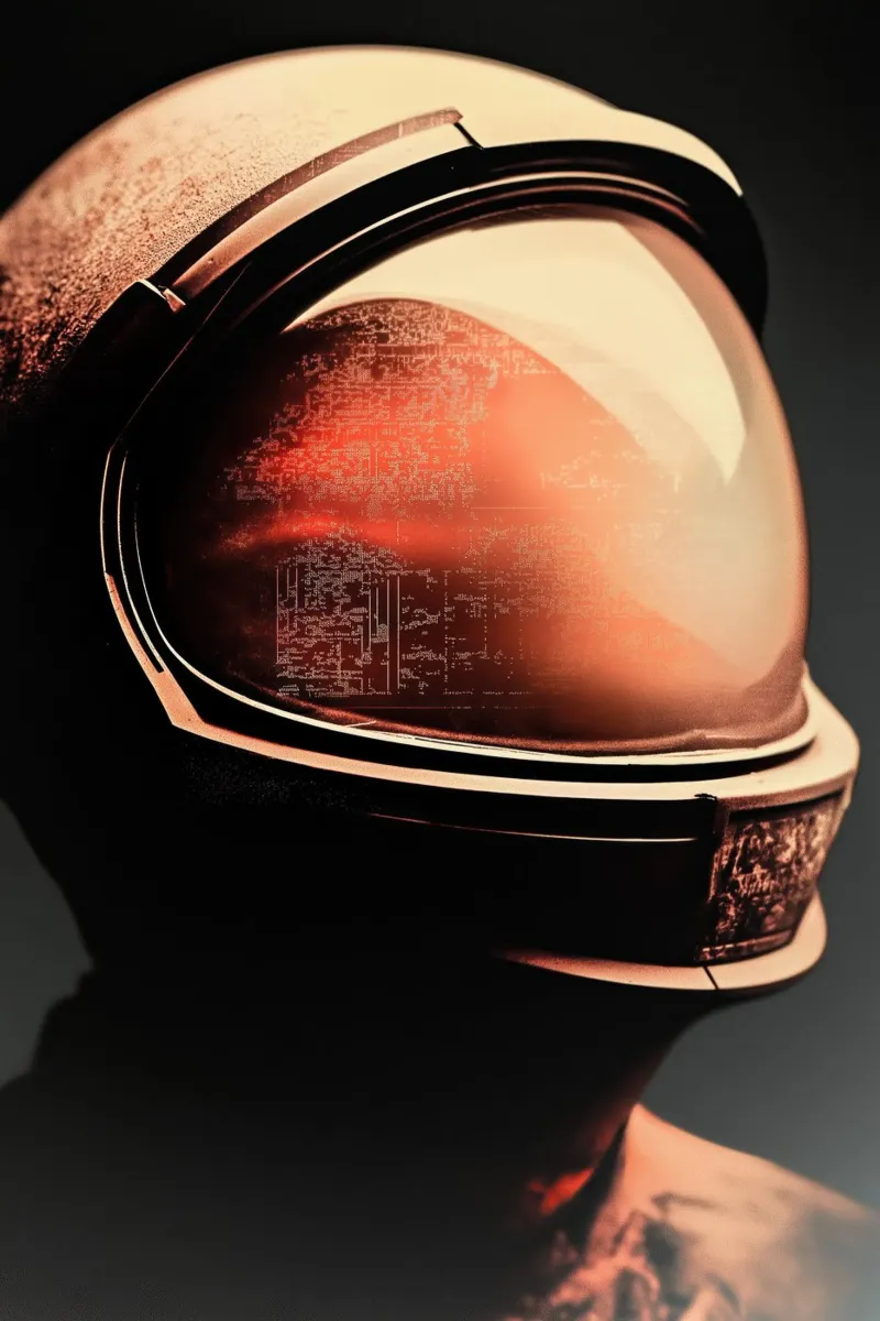 Een astronaut met Oranje gloed poster con telaio in alluminio da Imagine