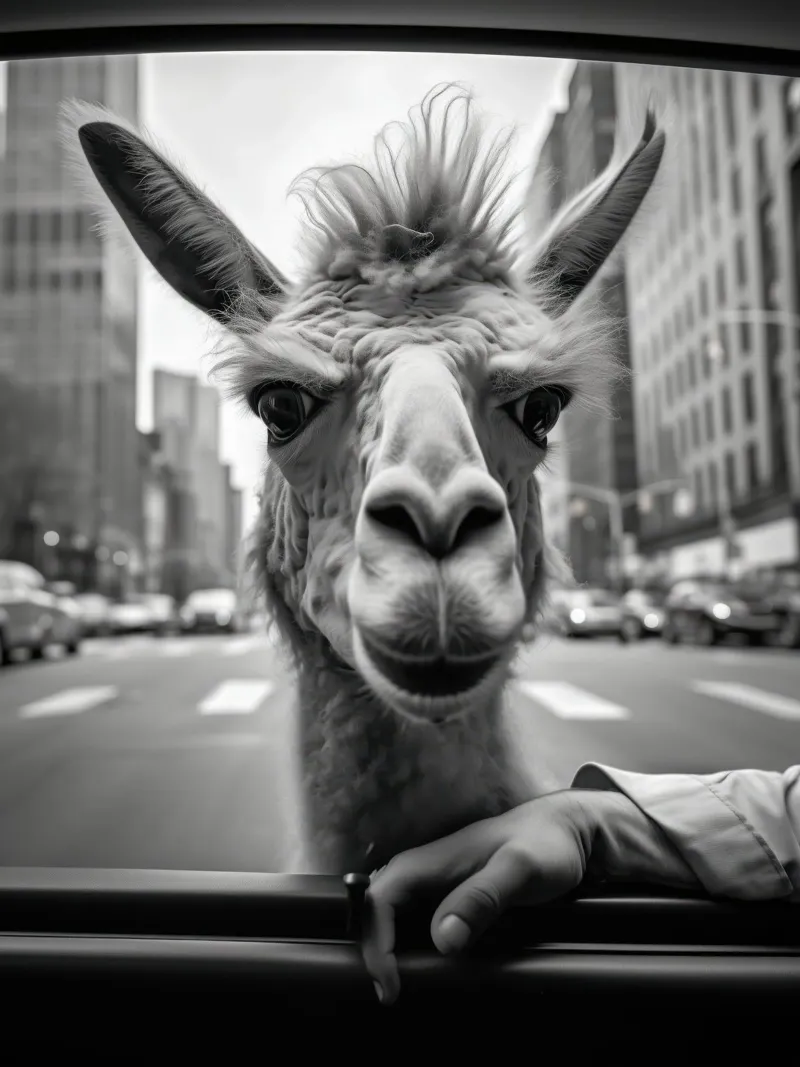 Un lama a New York City | Immagine in bianco e nero tela con Cornice a cassetta da Autofocus