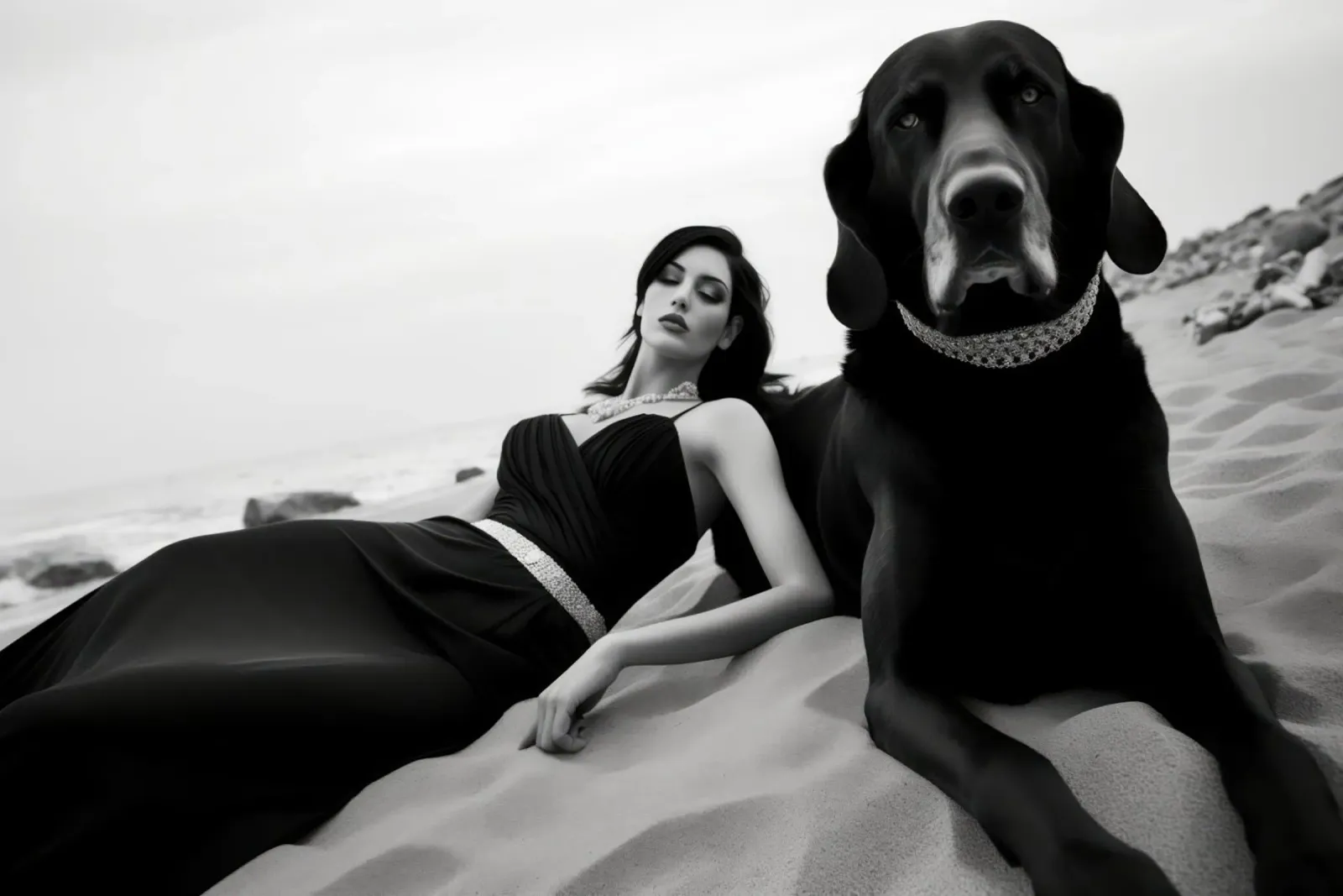 Modello femminile con mastino nero | Poesia in bianco e nero carta hahnemühle da Autofocus