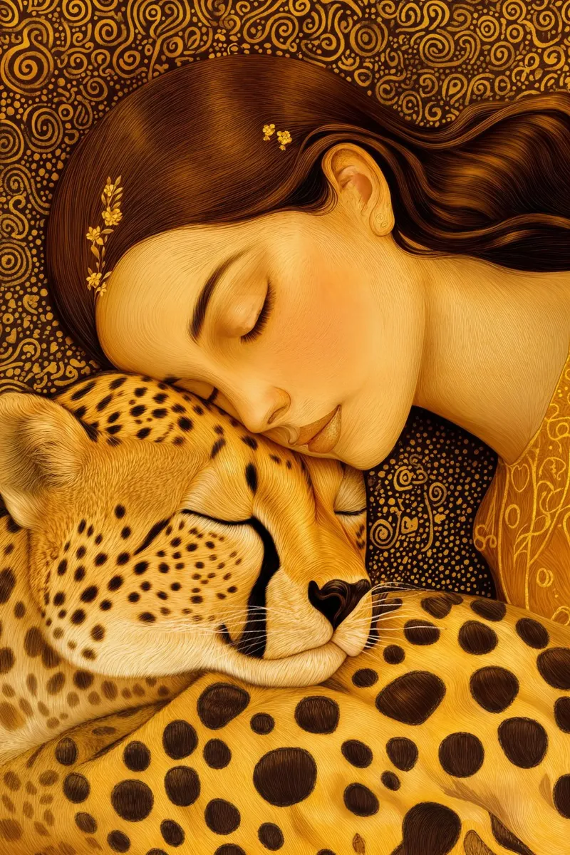 Donna dorata di Klimt con ghepardo pannello forex da Autofocus