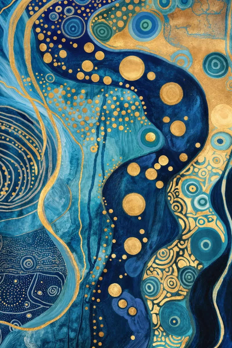 Abstract blauw en goud rivierlandschap bij Klimt canvas met Baklijst van Autofocus