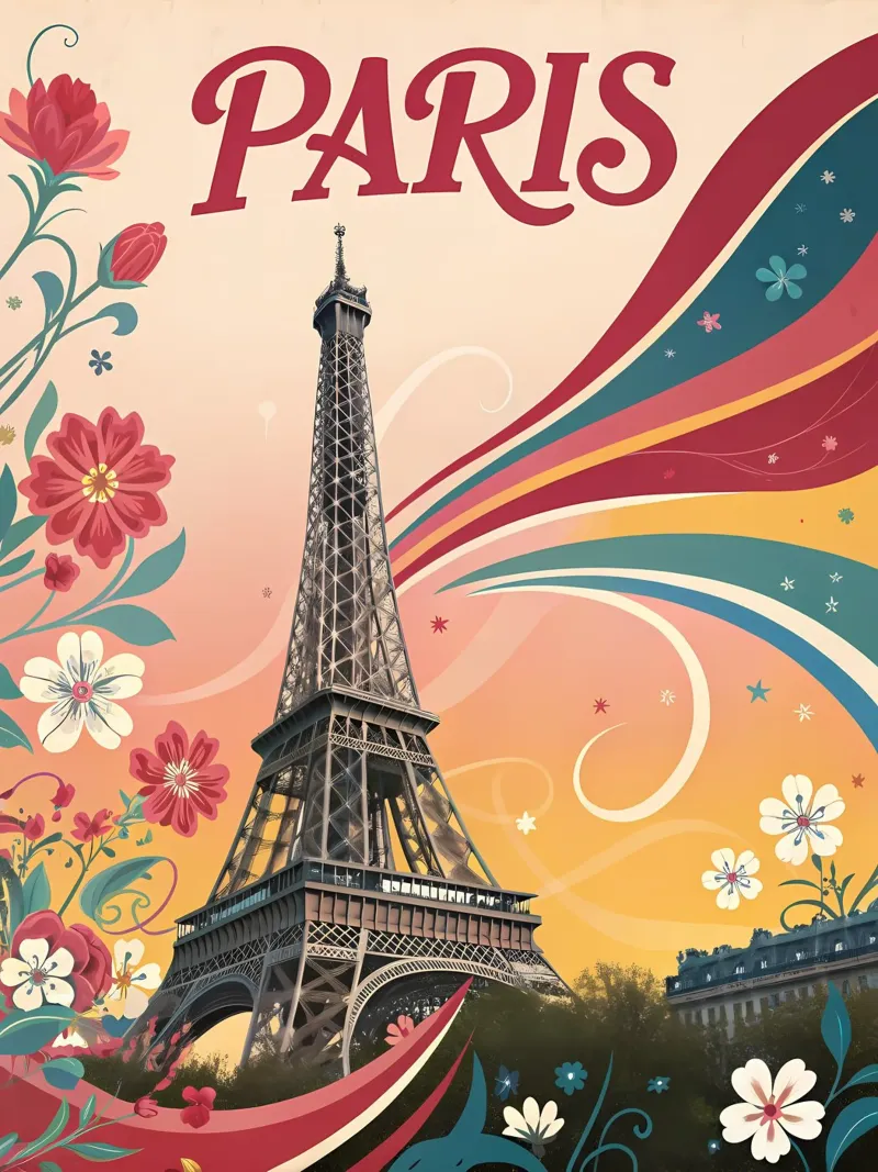 Arte floreale d'epoca della Torre Eiffel di Parigi alluminio dibond da Jester Krew Art