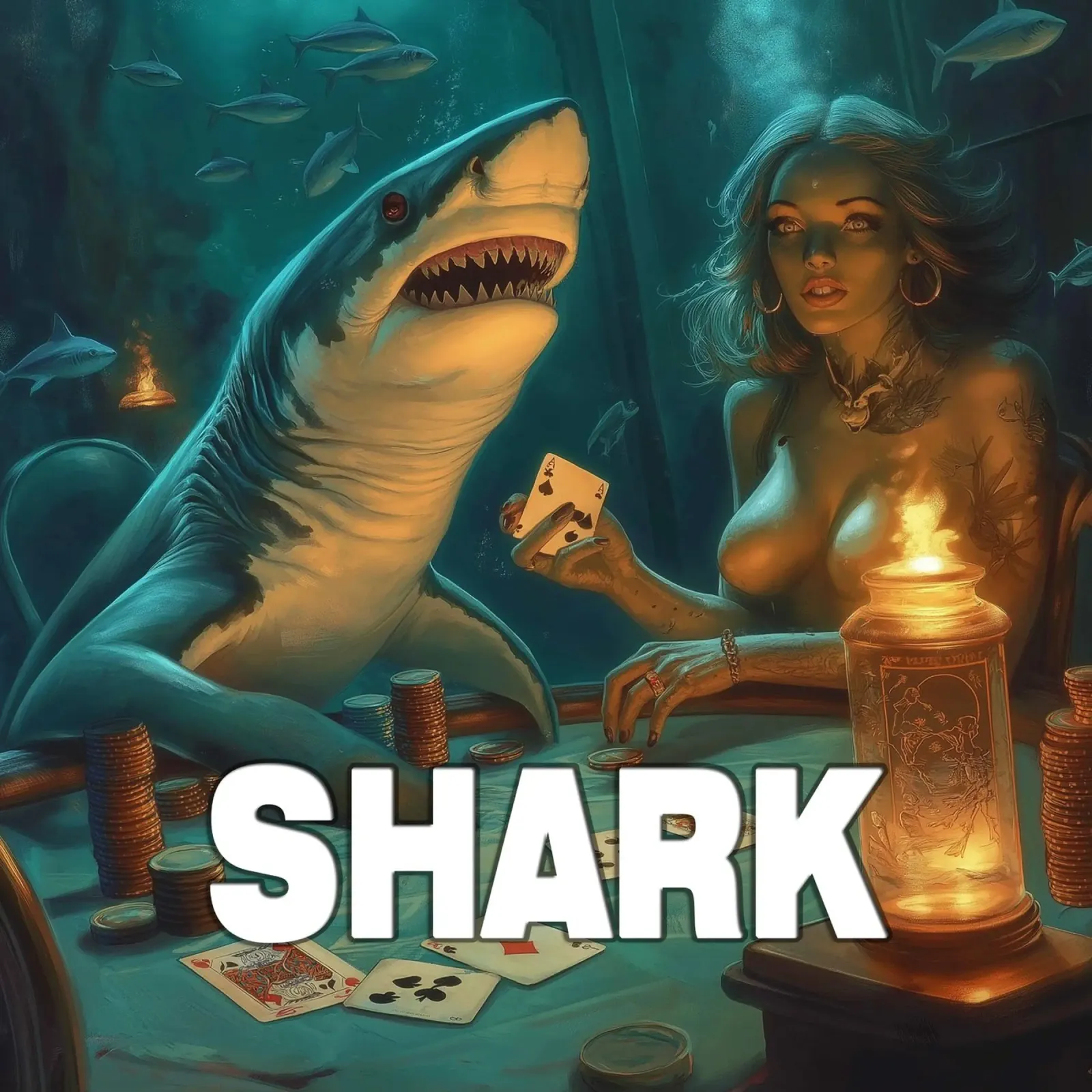 Giocatore di Shark Poker poster con telaio in alluminio da Motivate-Today