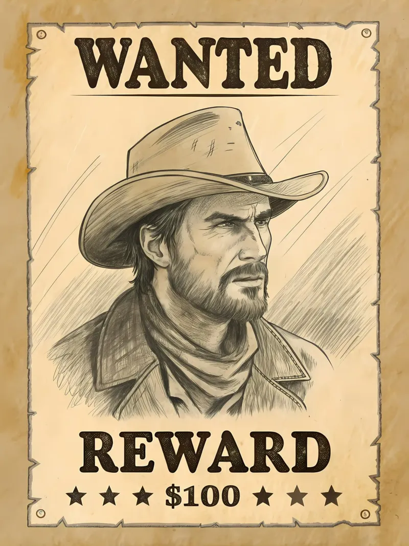 Cartel rústico de se busca con dibujo de vaquero metacrilato de Jester Krew Art