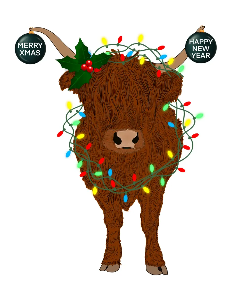 MUCCA SCOZZESE DELLE HIGHLANDS CON LUCI DI NATALE AGGROVIGLIATE pellicola backlit da ARTOMATIC
