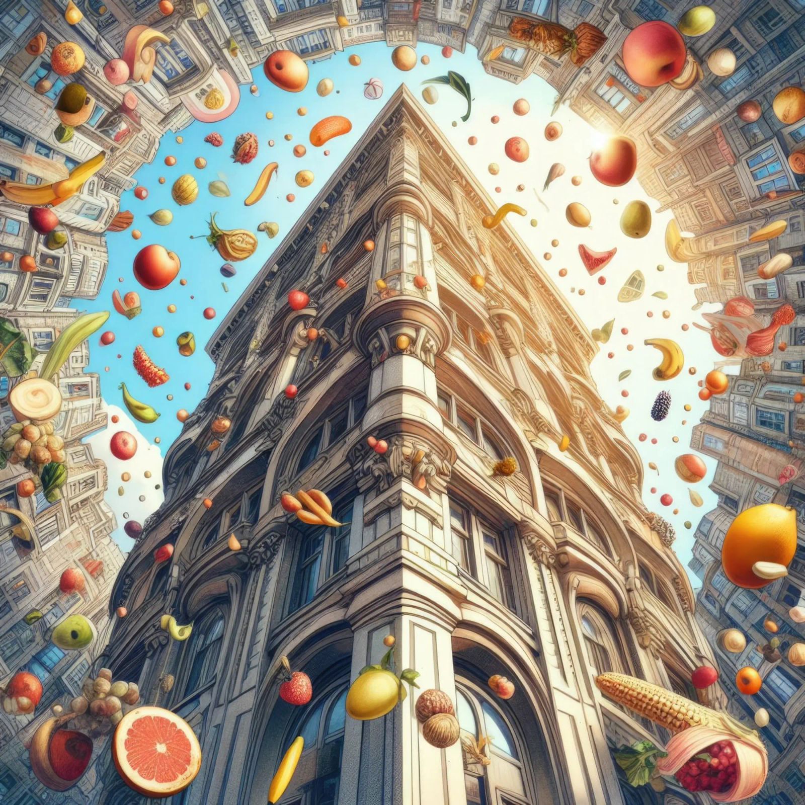Sphere 047 - Surreal Building With Floating Fruits poster da Spheres