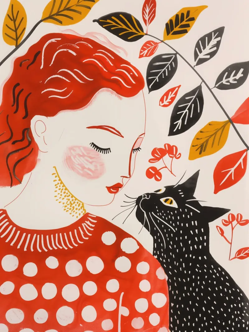 Roodharig meisje met zwarte kat | Kunstdruk canvas met Baklijst van Autofocus