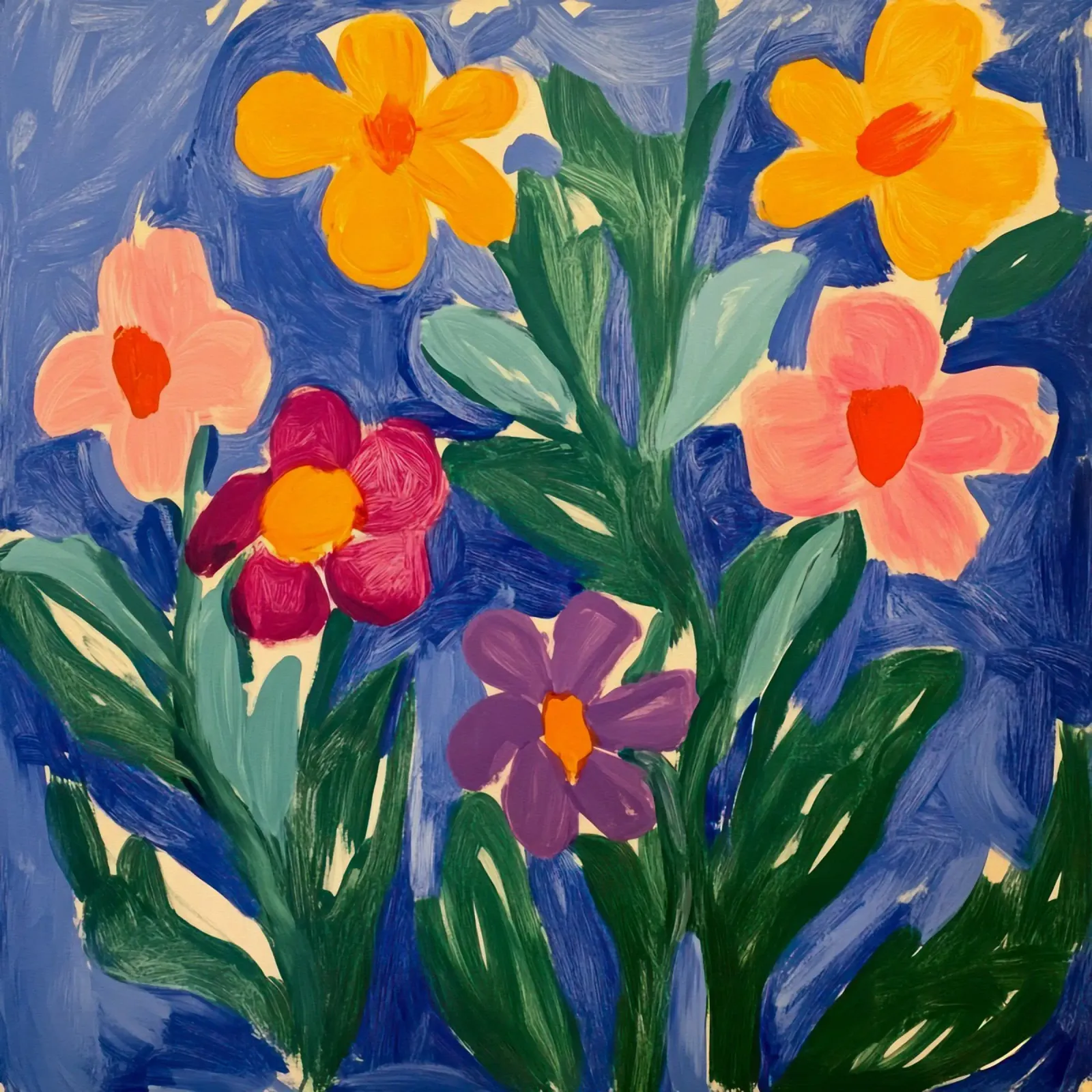 Levendige bloemen: Een grillige bloementuin dansend op blauw canvas met Baklijst van Modern Muse
