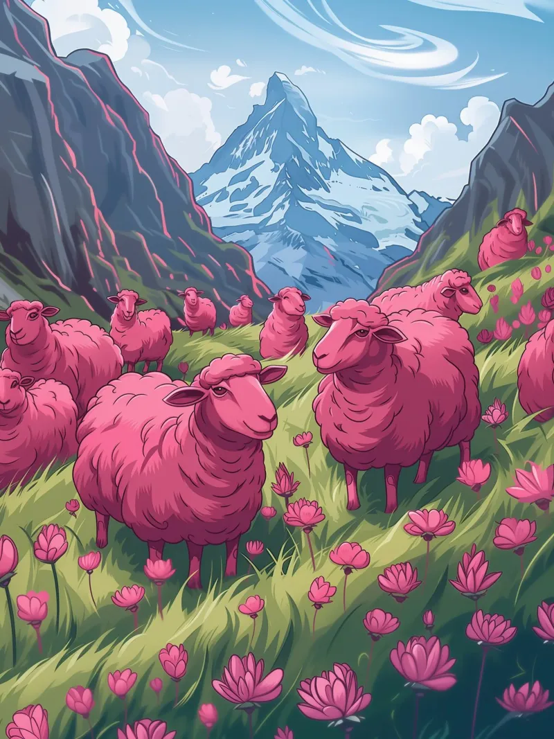 Pink Sheeps in Swiss Mountains poster by Autofocus