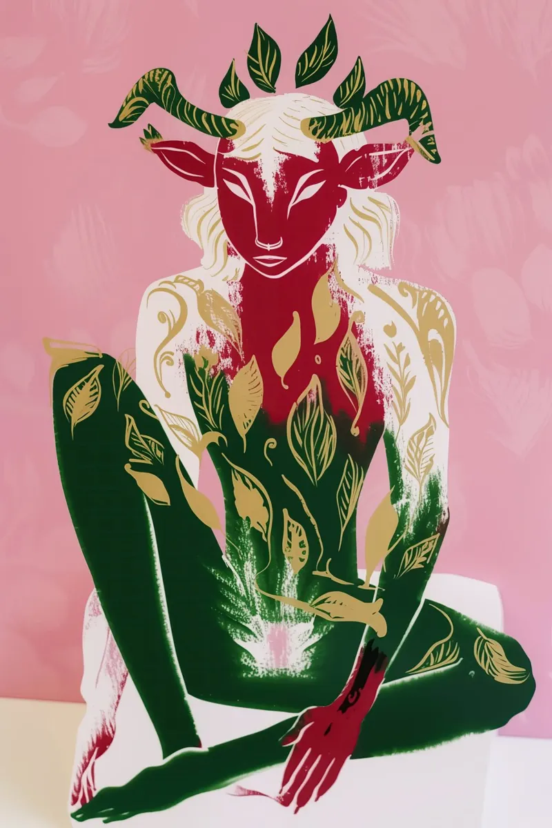 Ritratto decorativo di un fauno in rosa crepuscolare, verde e oro tela con Cornice a cassetta da Autofocus