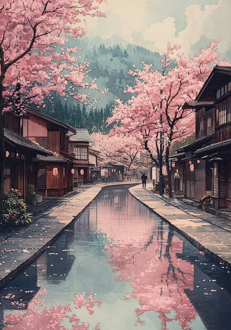 Stampa d'arte giapponese "Lo zen dei ciliegi in fiore poster con telaio in alluminio da Ukiyo Visions