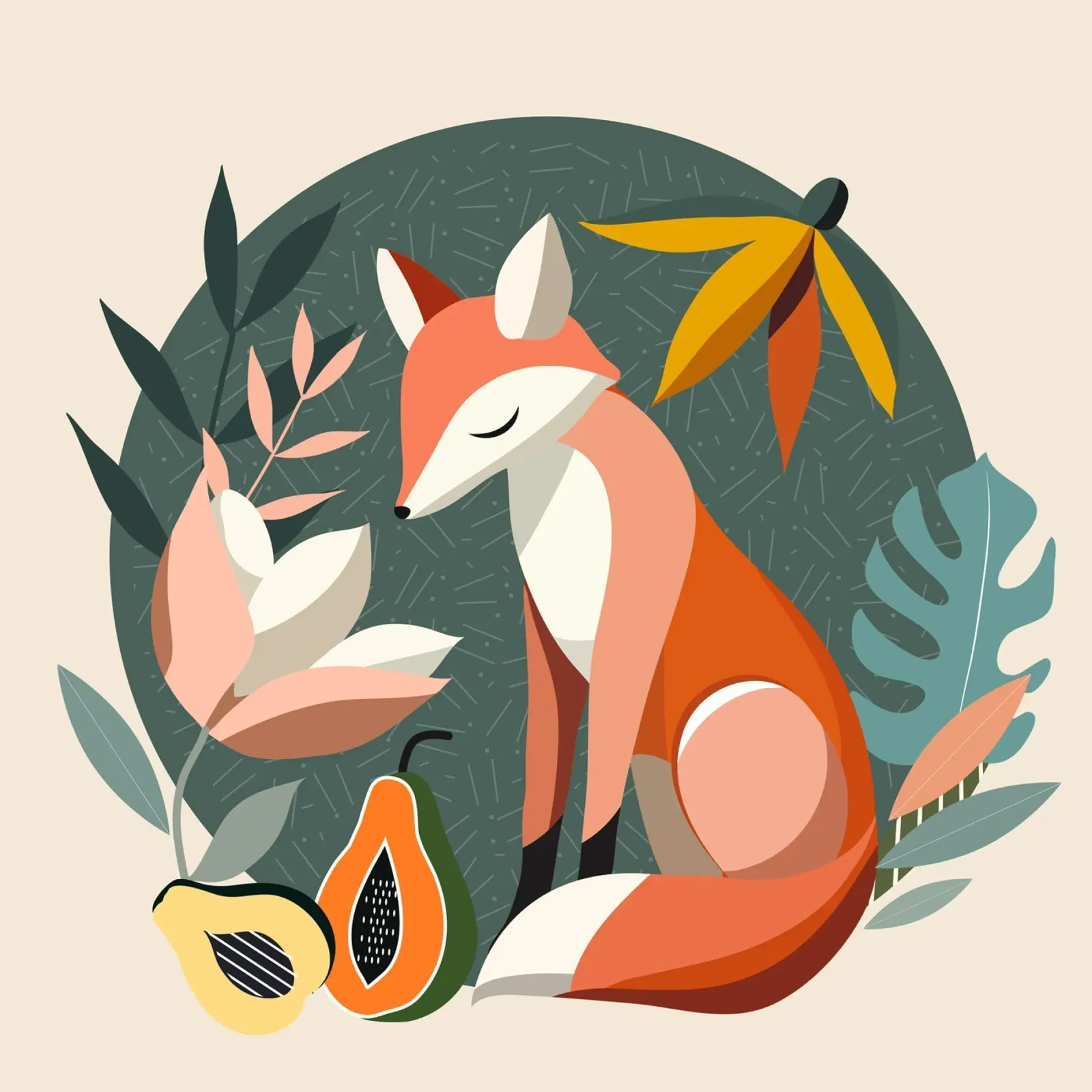 Fox motif with tropical flowers and fruit canvas with Floater frame by namosh