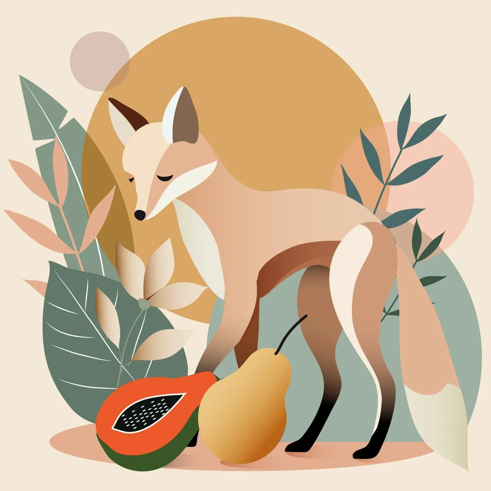 Elegant fox with tropical leaves and fruit canvas with Floater frame by namosh