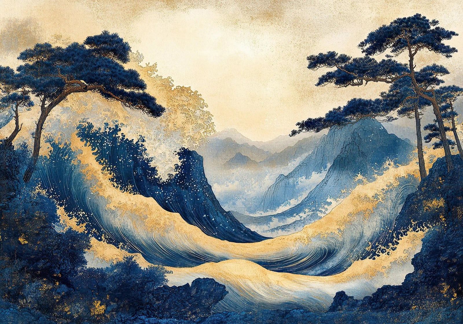 Impresión artística japonesa "Olas doradas del verano" poster de Ukiyo Visions