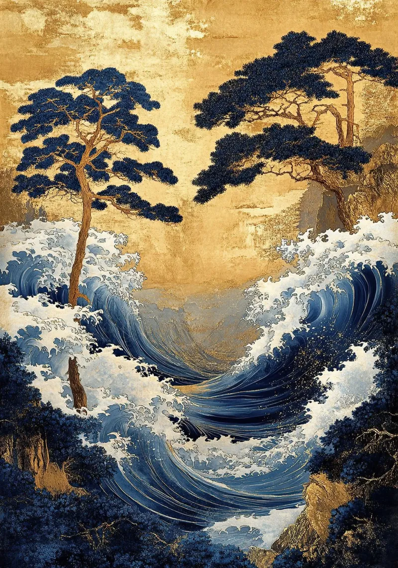 Grabado artístico japonés "Las olas del tiempo" lienzo de Ukiyo Visions