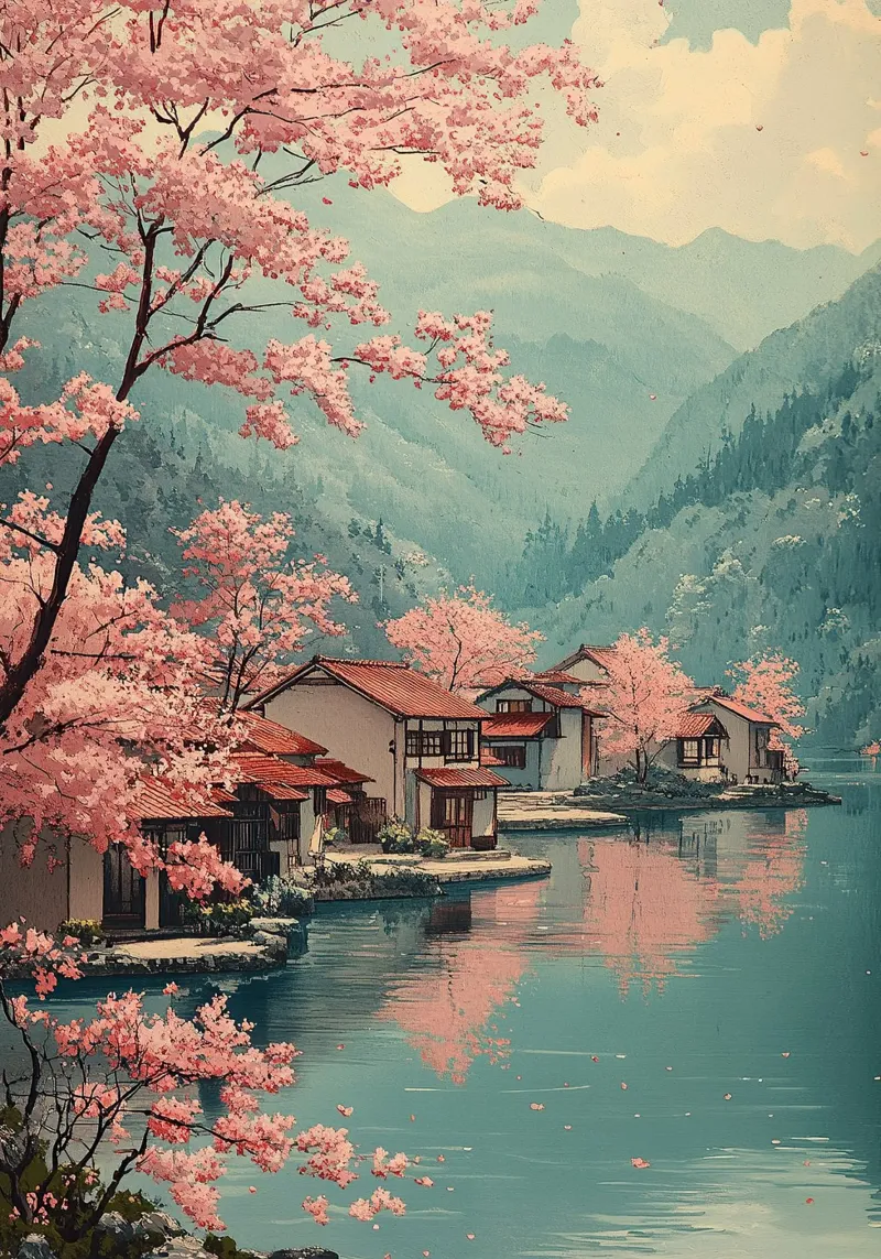 Stampa d'arte giapponese "Lo zen dei ciliegi in fiore poster con telaio in plastica da Ukiyo Visions