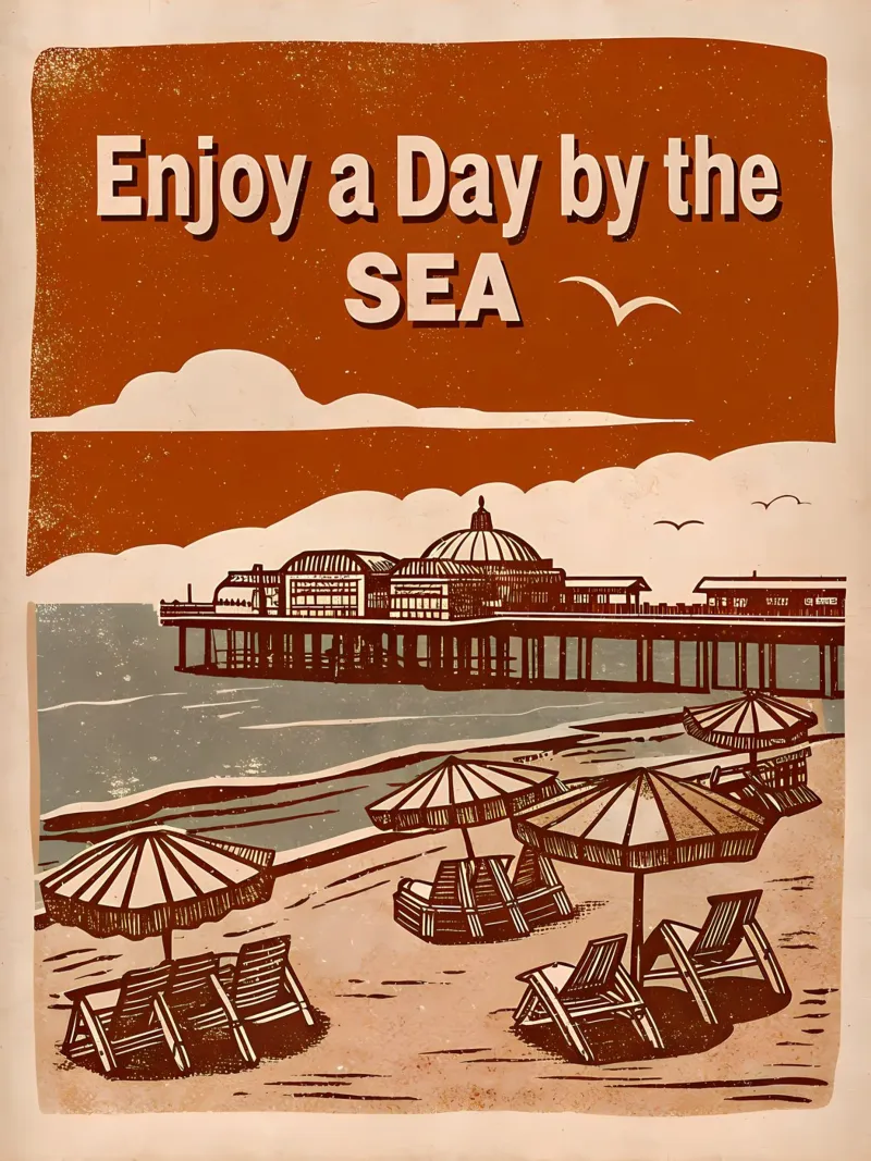 Retro Seaside Illustration - Strandentspannung Poster mit Aluminium Rahmen von Jester Krew Art