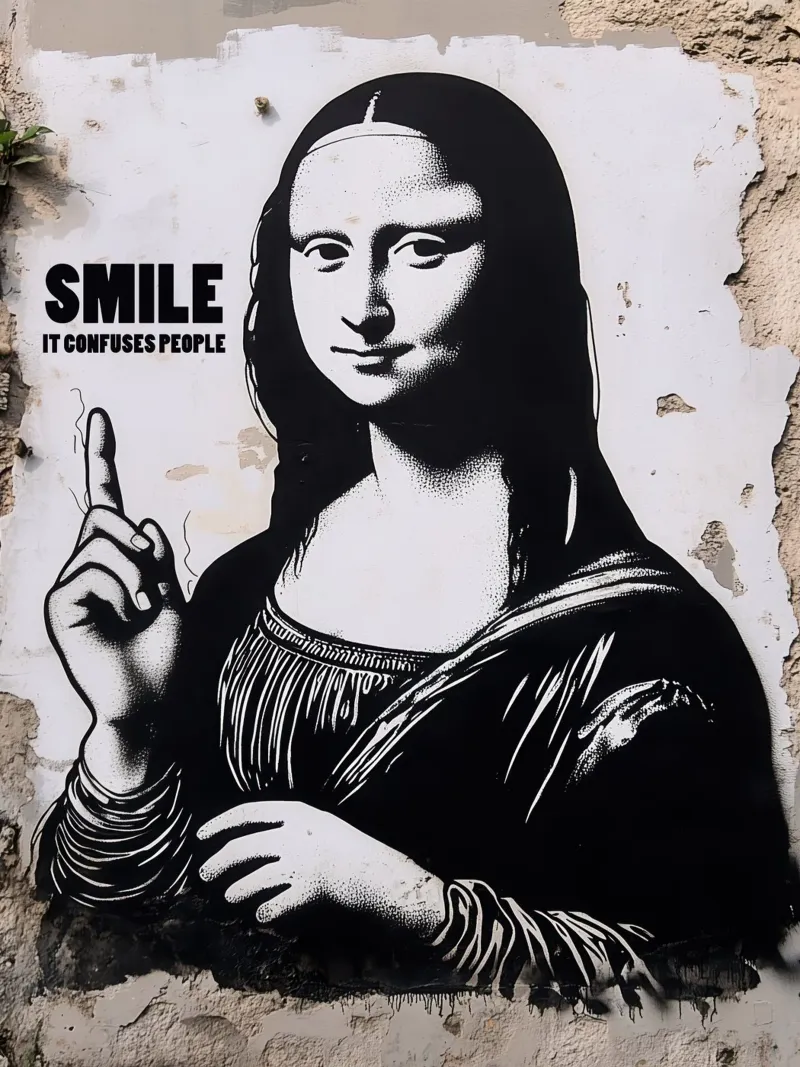 Pourquoi Mona Lisa sourit | Street Art Graffiti poster avec cadre en plastique de Autofocus