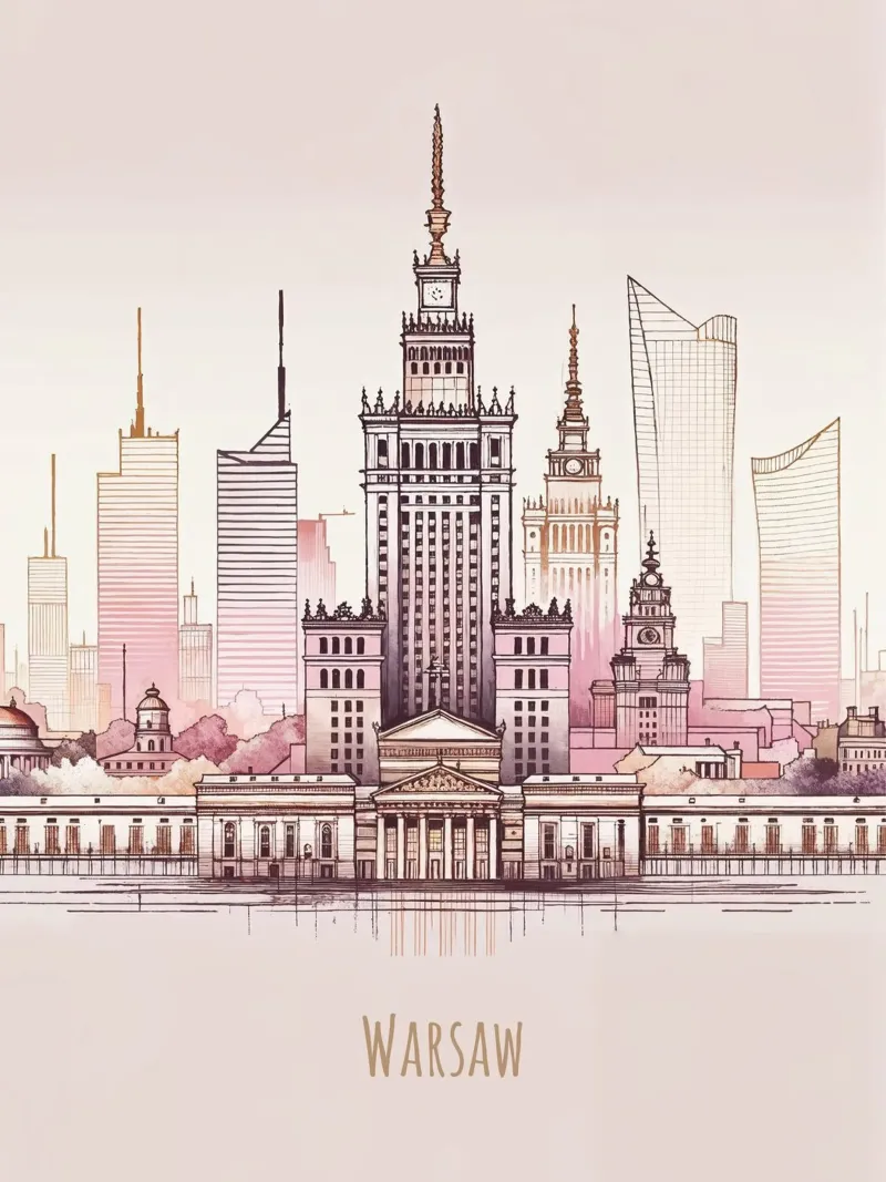 Warsaw City minimalist modern landmarks poster with wooden frame by WijdevenDesign
