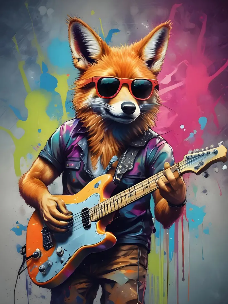 Fuchs spielt Gitarre Leinwand mit Schattenfugenrahmen von MakArena