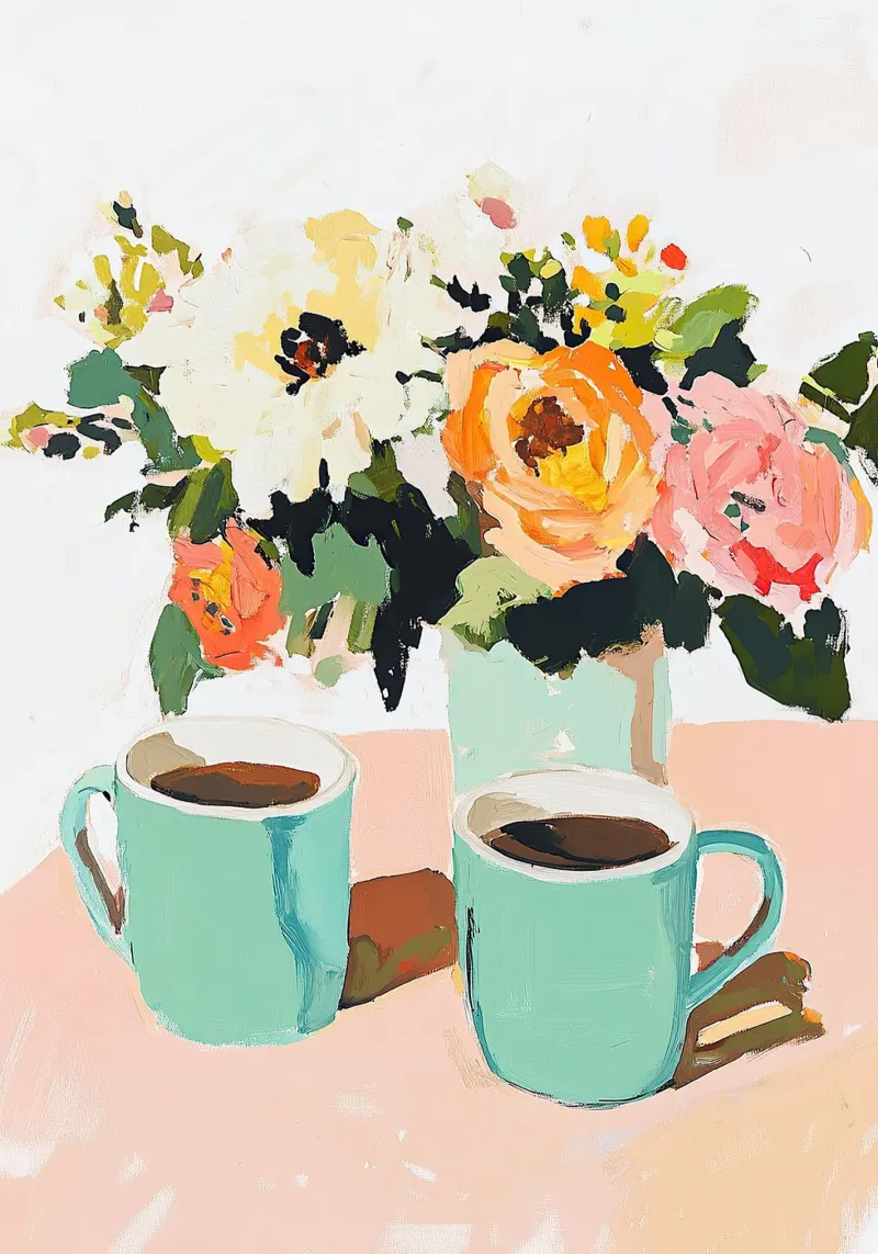 Natura morta caffè fiori fauvismo cucina poster con telaio in alluminio da Euphoria Theresa