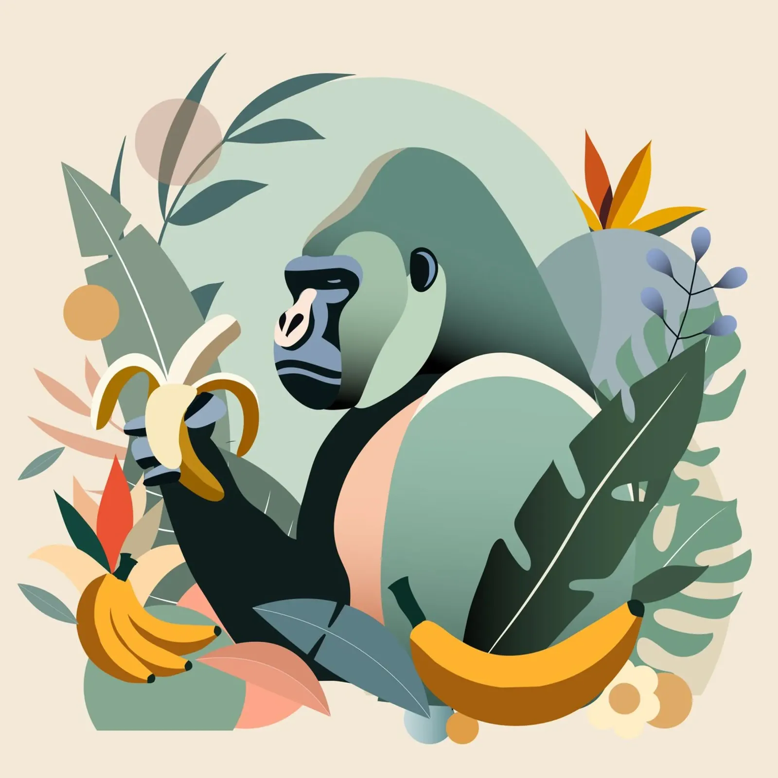 Gorilla orgoglioso con banana in un ambiente tropicale poster da namosh