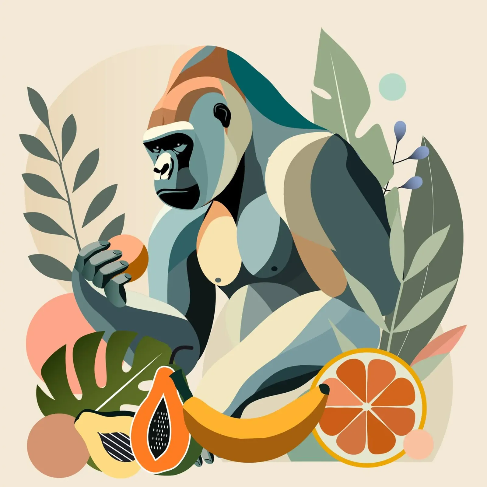 Gorilla con frutta in un paesaggio tropicale pellicola backlit da namosh