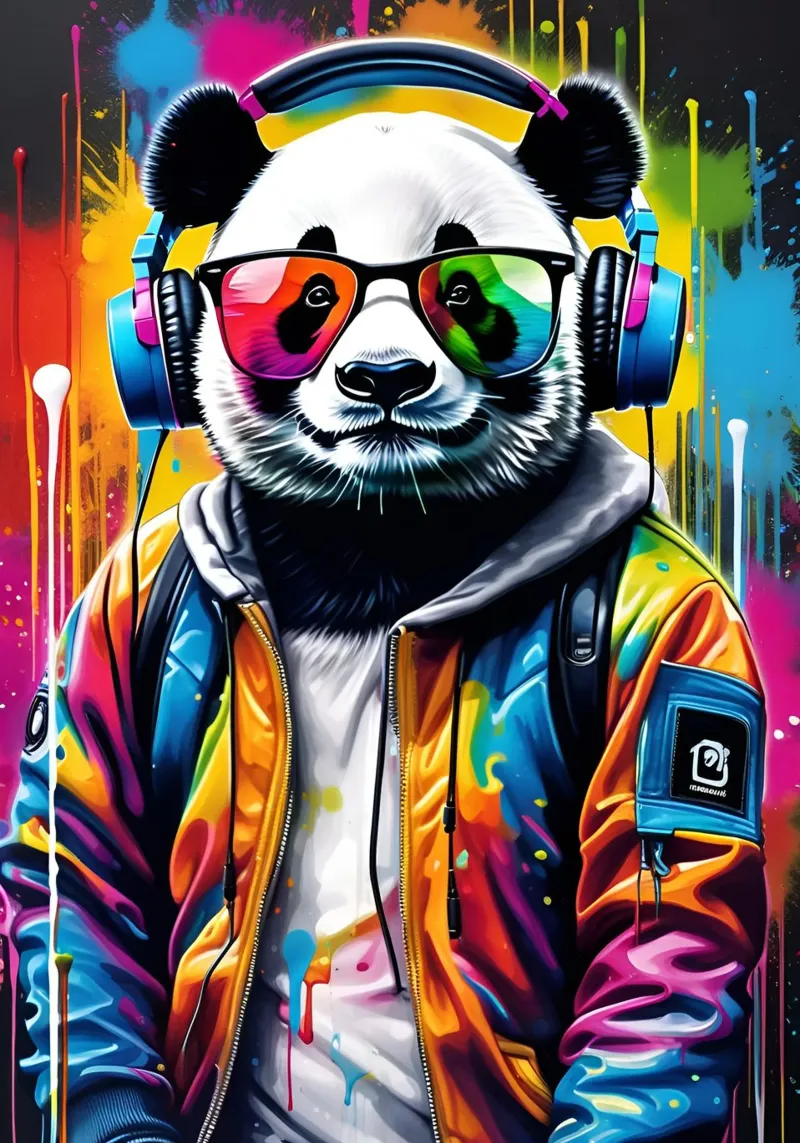 Panda listens to music, graffiti canvas with Floater frame by MakArena