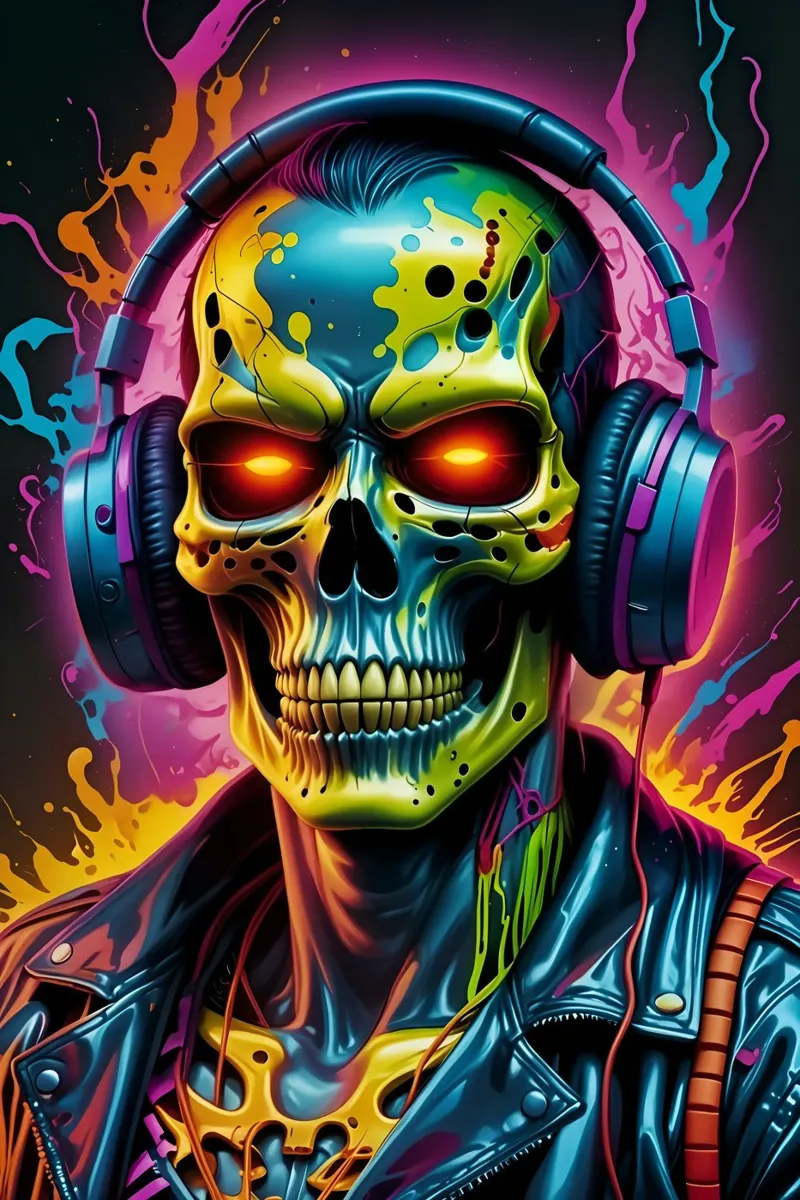 Teschio in cuffia, arte al neon, graffiti poster con telaio in plastica da MakArena