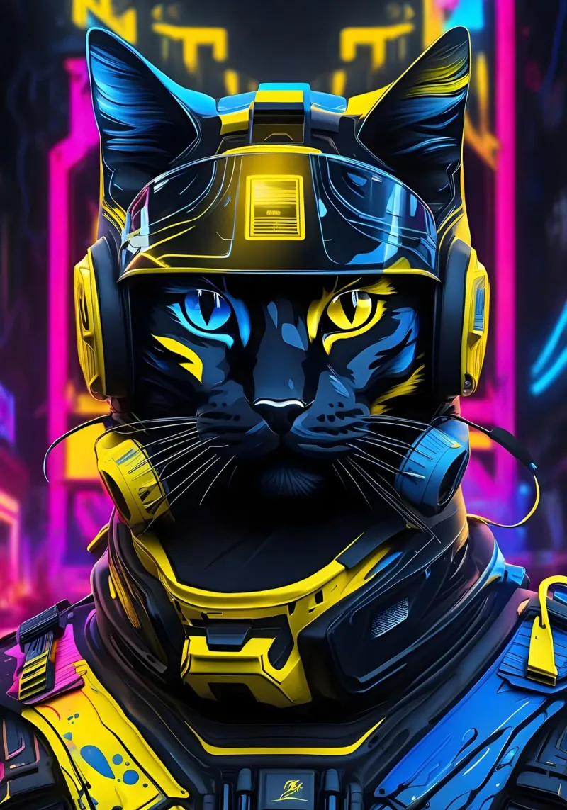 Chat soldat, néon, jaune-bleu hahnemühle de MakArena