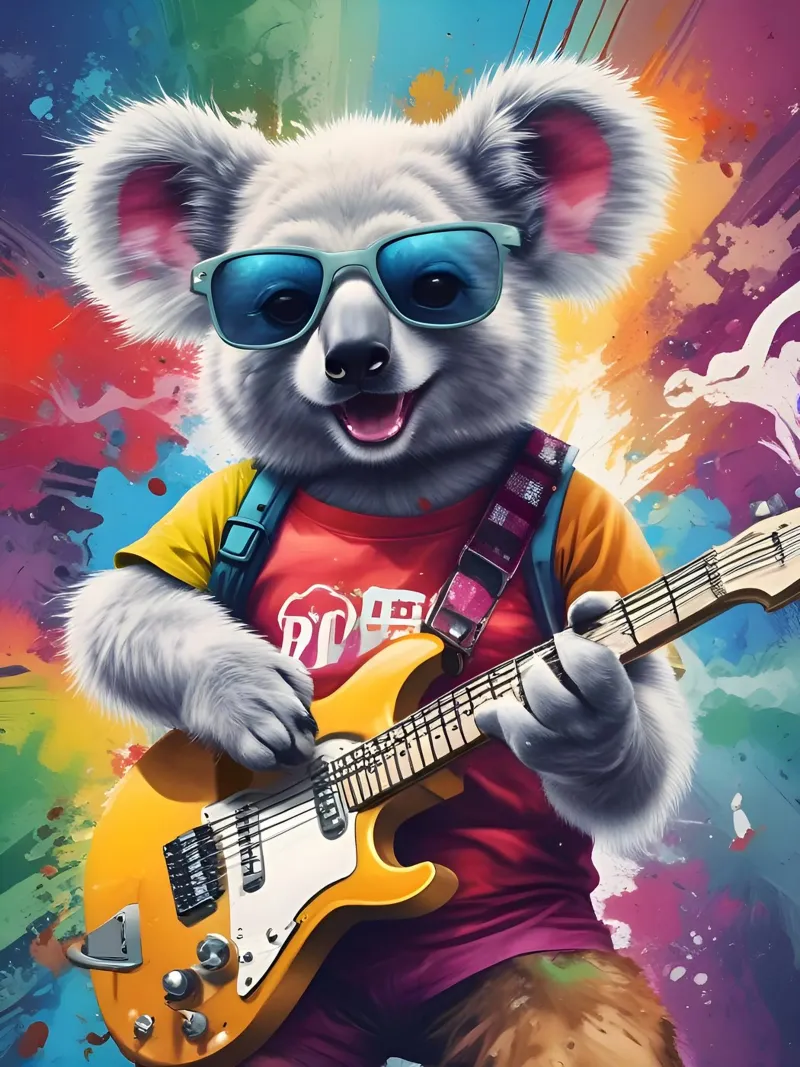 Koala che suona la chitarra, graffiti rock poster con telaio in legno da PosterOK