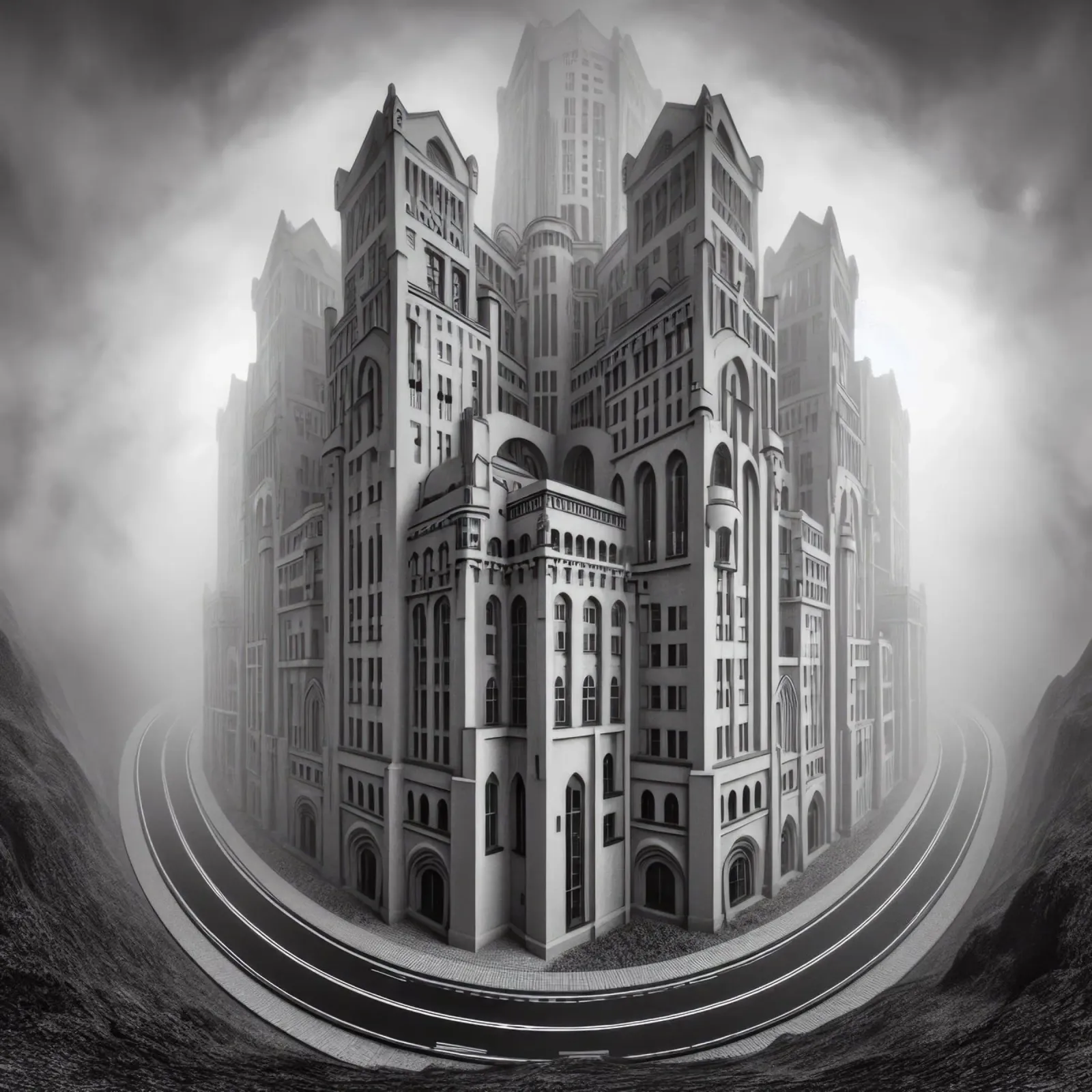 Sphere 055 - Futuristic Monochrome Cityscape poster with plastic frame by Spheres