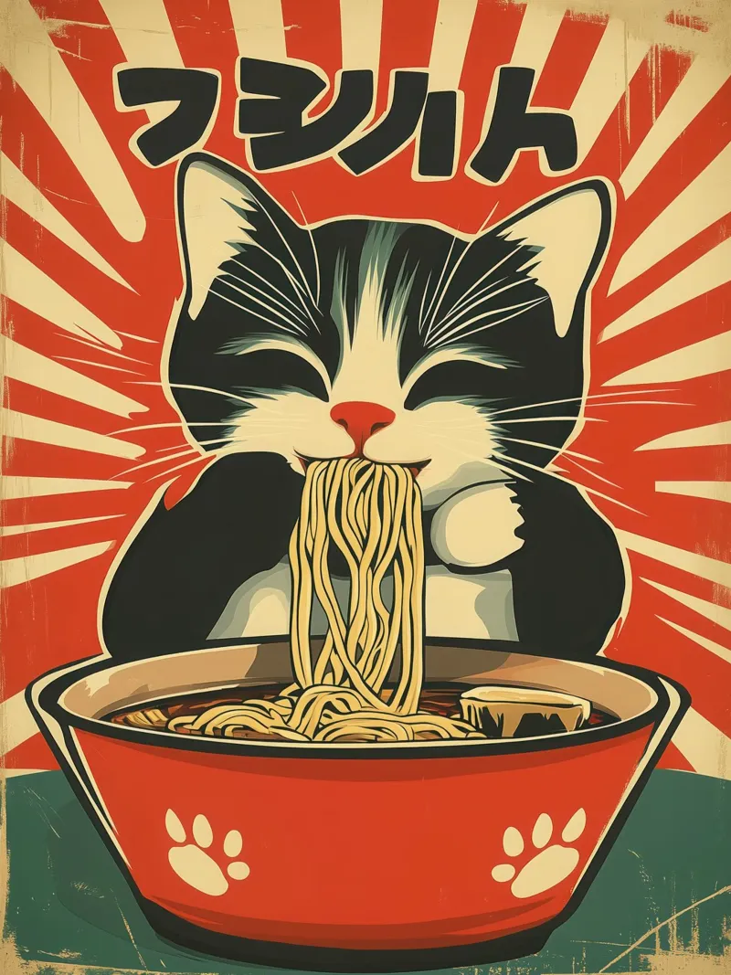 Japanese Retro Vintage Ramen Cat Poster poster avec cadre en aluminium de Autofocus