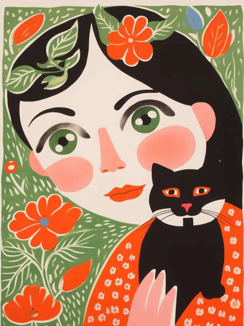 Bambino con gatto piccolo | Pittura naif tela con Cornice a cassetta da Autofocus