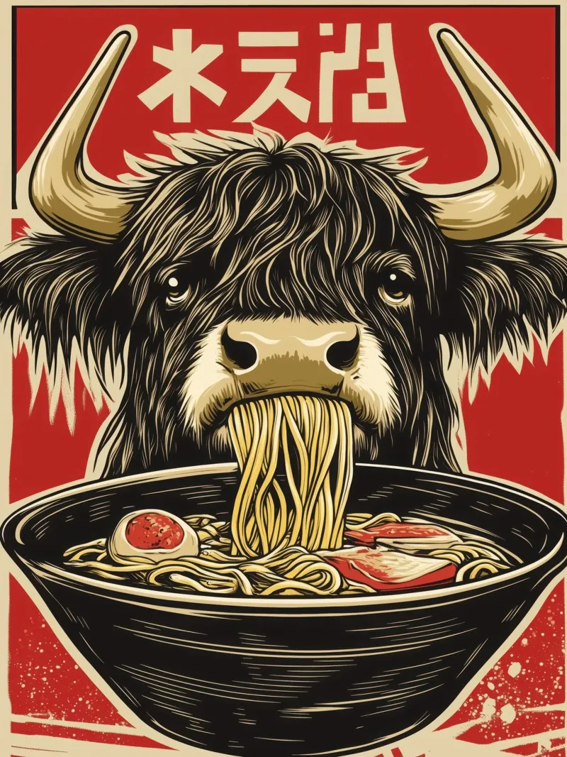 I bovini giapponesi dell'altopiano Wagyu-Kobe apprezzano la zuppa di ramen poster da Autofocus