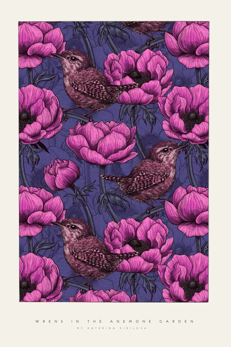 katerina Kirilova - Scriccioli nel giardino degli anemoni rosa poster con telaio in alluminio da The Artcircle