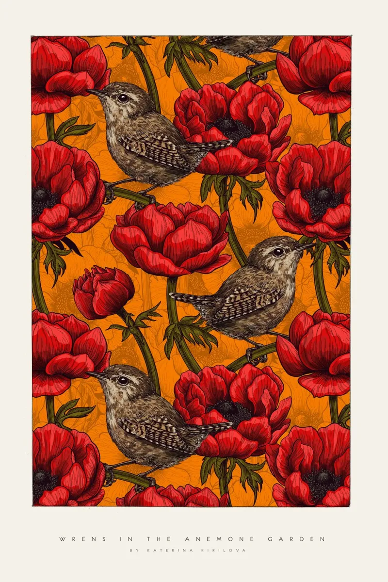 katerina Kirilova - Scriccioli nel giardino degli anemoni rossi poster da The Artcircle