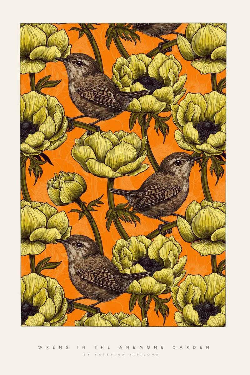 katerina Kirilova - Les troglodytes dans le jardin des anémones Jaune poster de The Artcircle
